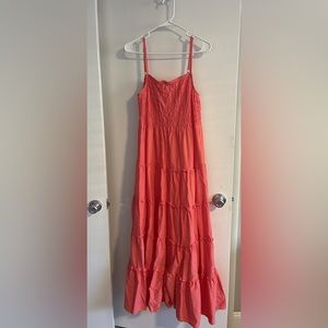 Smocked Tiered Maxi, color is deep coral. Size is XL.